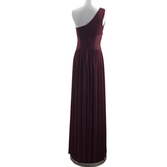 Davids Bridal One Shoulder Mesh Bridesmaid Dress Womens 4 Long Gown Wine Red - Picture 3 of 11